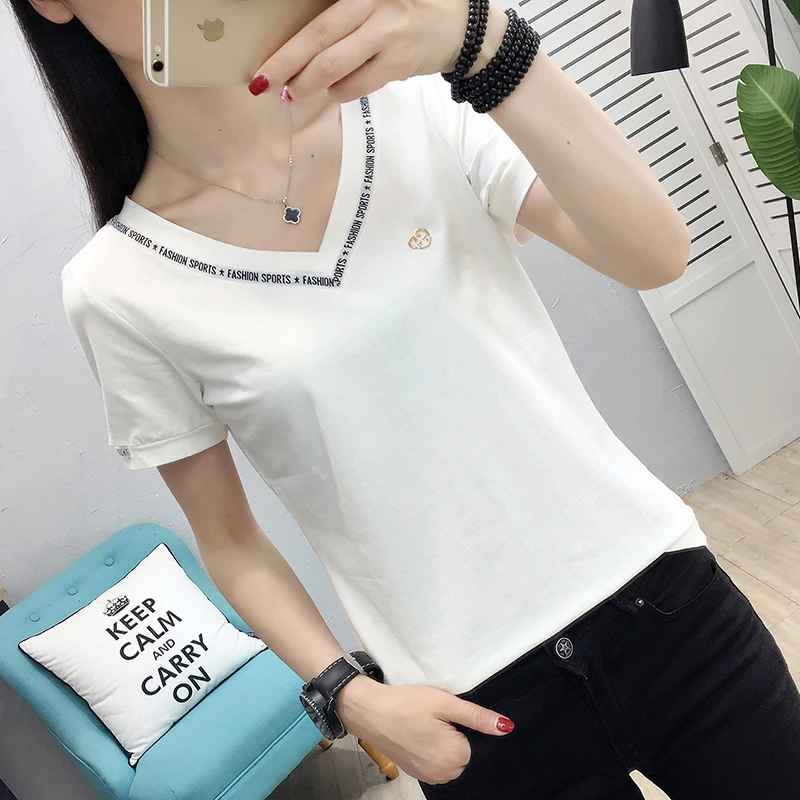 

Sequin T Shirt Women Fashion Summer T Shirt Harajuku White T-shirt Short Sleeve T Shirt Women Tops V-neck