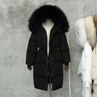 Пуховик для женщин, зимняя утепленная куртка с воротником из натурального меха енота, пальто с капюшоном, женская меховая куртка, Повседневная Свободная парка, верхняя одежда - Цвет: Black