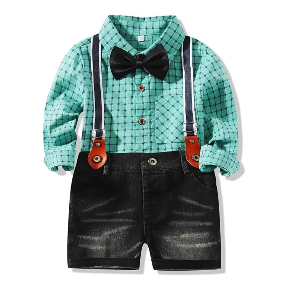 

Kimocat 3pcs Baby Boy Clothes Set Gentleman Plaid Long Sleeve Shirt+Suspenders Pants+Bow Tie