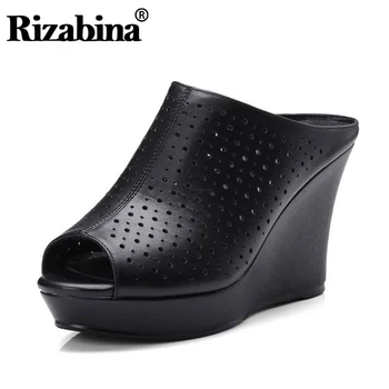 

RIZABINA Simple Women Real Genuine Leather High Wedges Sandals Hallow Out High Wedges Slippers Summer Women Shoes Size 33-41