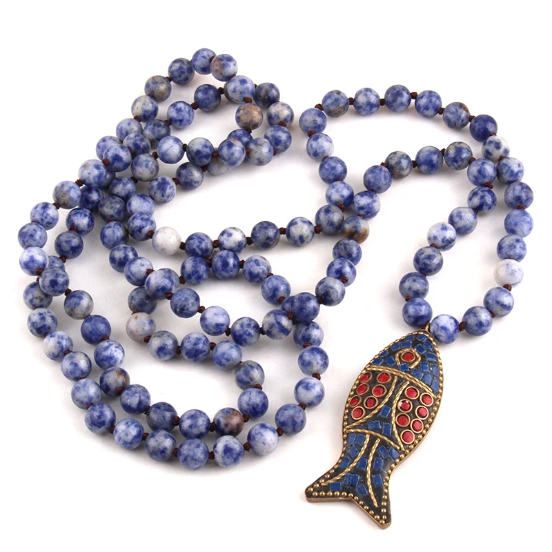 F Artisan Halsband Long Knot Blue Dot Stones Bead Fish Necklaces