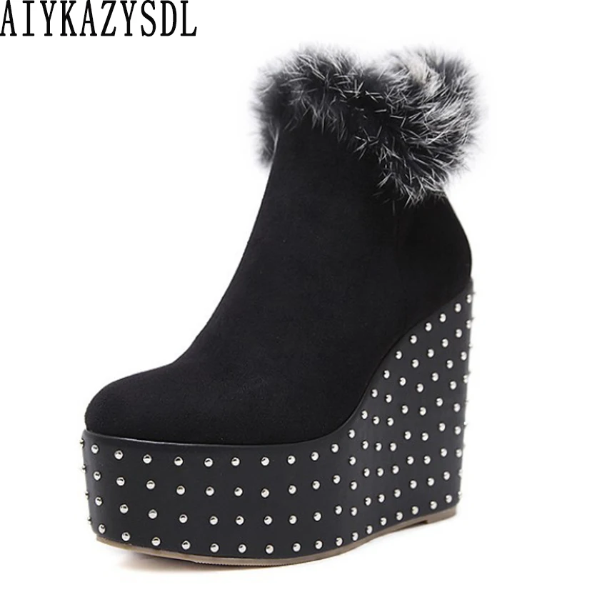 

AIYKAZYSDL Women Winter Warm Ankle Boots Rivets Plush Fur Snow Boots Platform Wedge Shoes Thick Sole Bottom High Heel Bootie