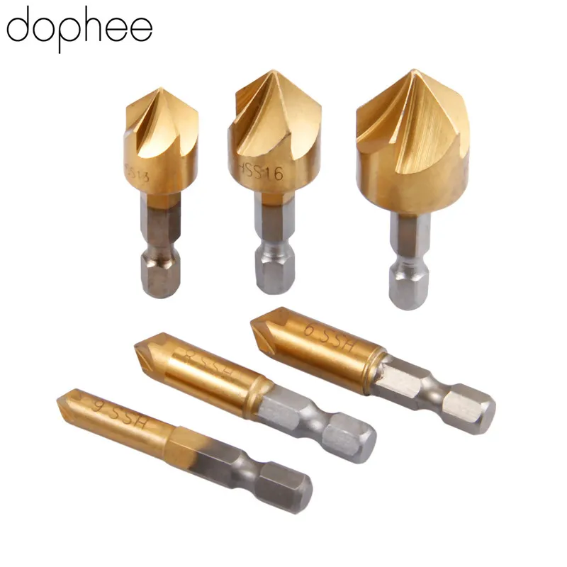 Dopee 5 Флейта 6-19 мм титановая сталь Зенковка сверла набор 1/" шестигранный хвостовик 90 градусов фаска Резак Деревообрабатывающие инструменты 6 шт
