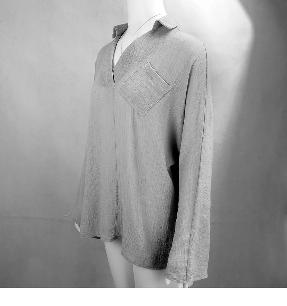 Loose Cotton Linen Female Tunic Casual Long Sleeve Plus Size Shirt Blouse Autumn Turn Down Collar Pocket Womens Tops And Blouses