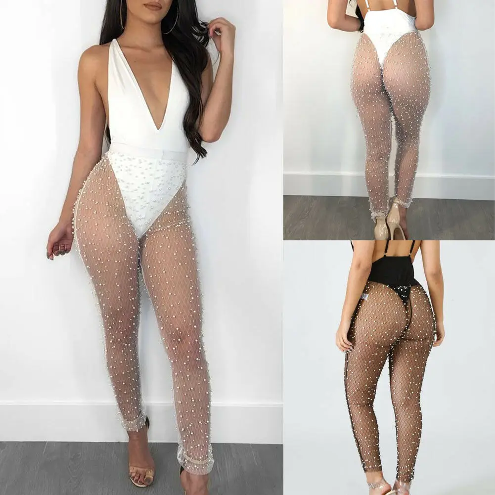 Women's Beach Mesh Sheer Swimwear High Waist Pearls Cover Up Transparent Long Pencil Pants Ladies See Through Trousers Bikini Women's Beach Mesh Sheer Swimwear High Waist Pearls Cover Up Transparent Long Pencil Pants Ladies See Through Trousers Bikini