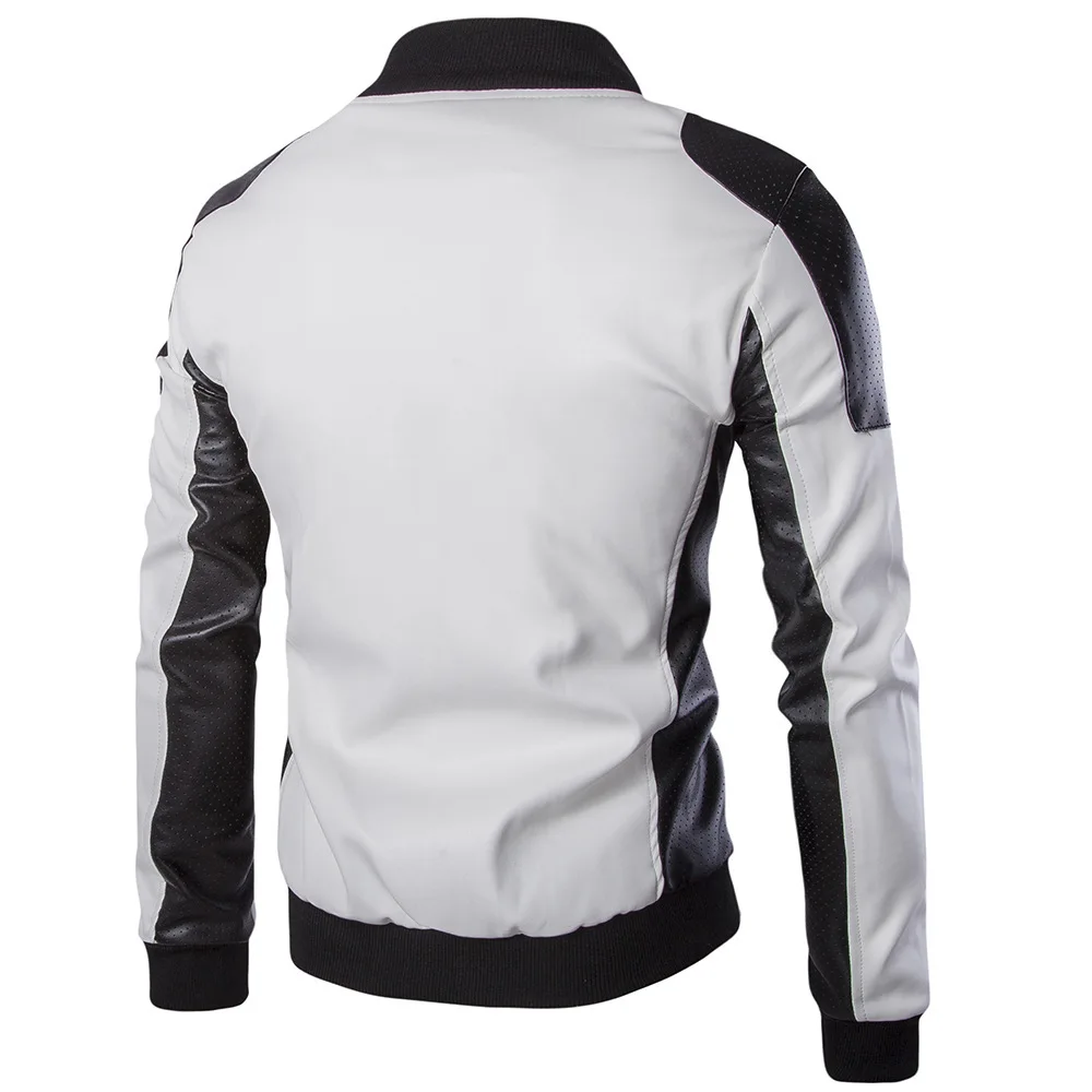 Весенняя мужская кожаная куртка, модная черная белая Лоскутная ветрозащитная куртка из искусственной кожи, повседневная мужская куртка-бомбер на молнии с воротником-стойкой, верхняя одежда