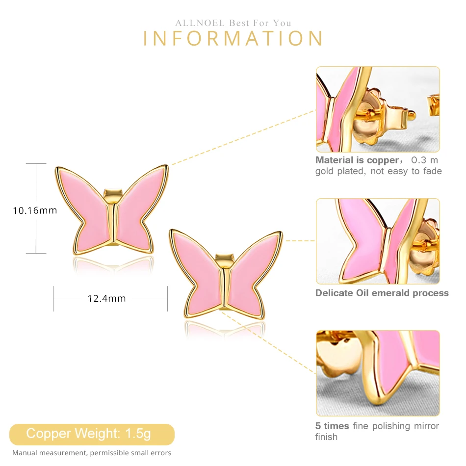 ALLNOEL Pink Enamel Stud Earrings For Women Butterfly Handmade Jewelry Gifts On March 8 Anniversary Engagement Statement Present (3)