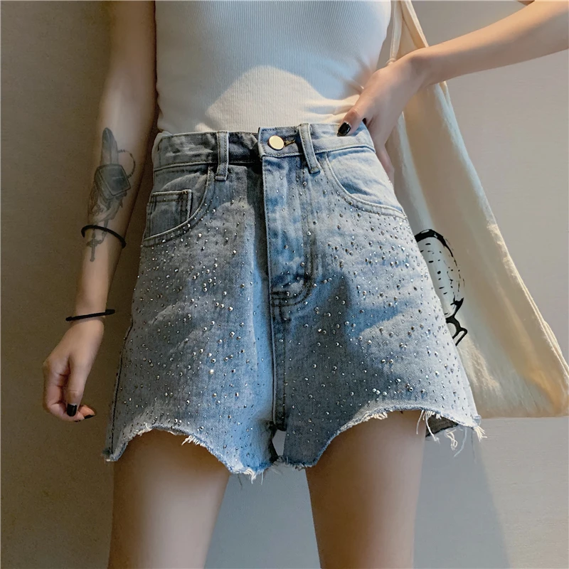 Модные Винтаж кисточкой заклепки с высокой талией женский джинсы для женщин шорты Нерегулярные щеткой подол потертые уличная пикантная