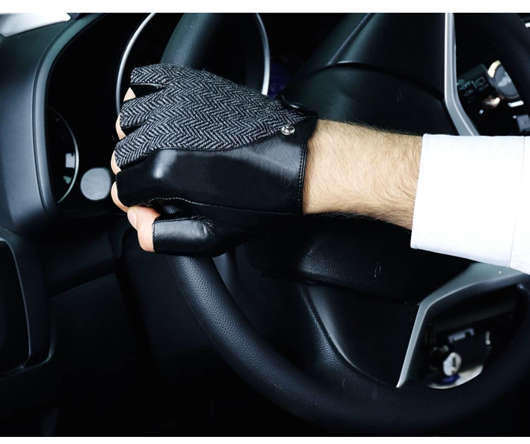 Натуральная кожа полу-палец Для мужчин перчатки половина палец овчины тенденции моды Лоскутная для вождения кожаные перчатки 2019 Новый TB03