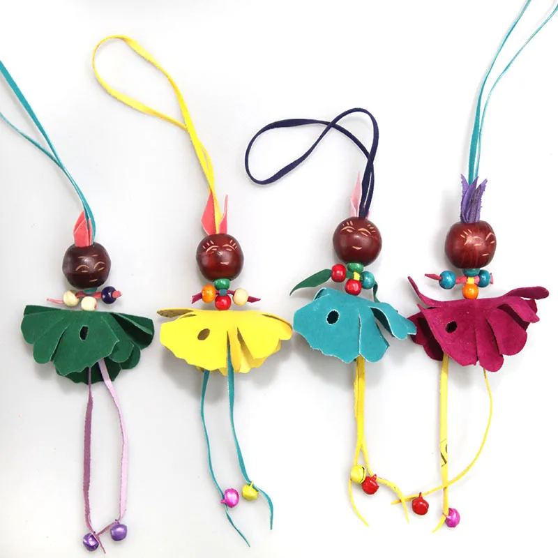 

4 PCS Lovely Cartoon Lucky Doll Wind Chimes Small Skirt Girl Wood Bead Creative Small Hanging Ornaments Lucky Sunny Doll