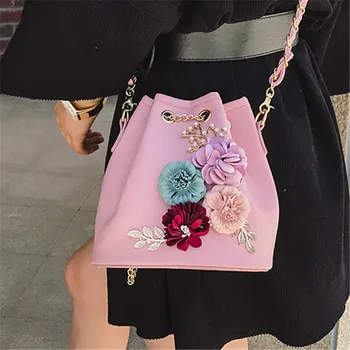 

Fashion women Floral Handbag Flower Decoration Drawstring Bucket Bag Crossbody Bags For Women Small PU Leather Shoulder Bag