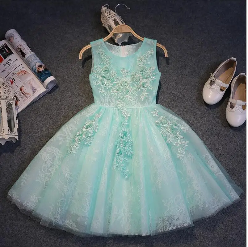 

Girls dresses for party and wedding light green little girls gown kids flower appliques lace mesh ball gown tutu clothes QY120