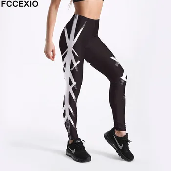 

FCCEXIO New Women Workout Leggings High Waist Fitness Legging White Striped Printed Leggins Female Leg Pants Large Size Leggings