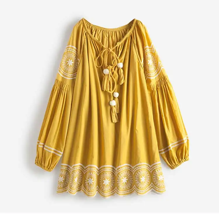Богемный Вдохновленный желтый льняное осеннее платье цветочной вышивкой с длинным рукавом с кисточками украинское платье шикарные платья для женщин vestidos