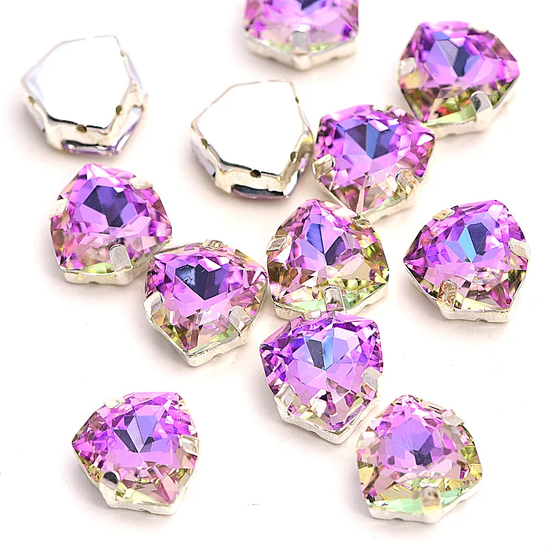 

12mm High Quality Sew On Claw Rhinestone Vitrail Light Fat Tri-angle Glass Sewing Rhinestone with Silver Claw For Garment F0069