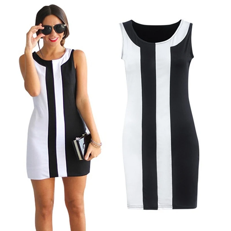 

Summer Women's Sexy Dress Fashion Summer Black White Stitching Round Neck Sleeveless Sexy Office Dresses Vestidos Plus Size