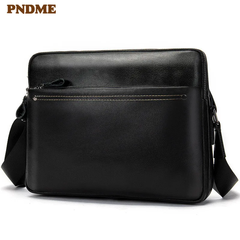 

PNDME high quality genuine leather men's shoulder bag simple black soft first layer cowhide messenger bags business laptop bag