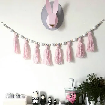 

INS Nordic Style Wooden Beads Tassel Ornaments Kids Room Decoration Hanging Curtain Pendant For Nursery Tent Photography Props