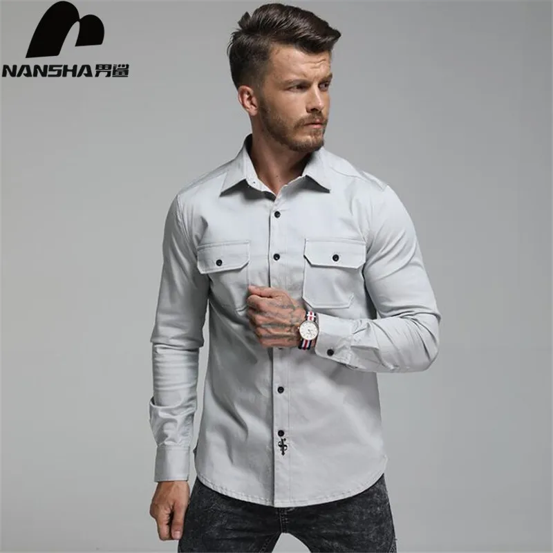 

NANSHA New Arrival Solid Color Cotton Shirts Long Sleeve Male Pocket Business Dress Shirt Plus Size XS-3XL Camisa Masculina