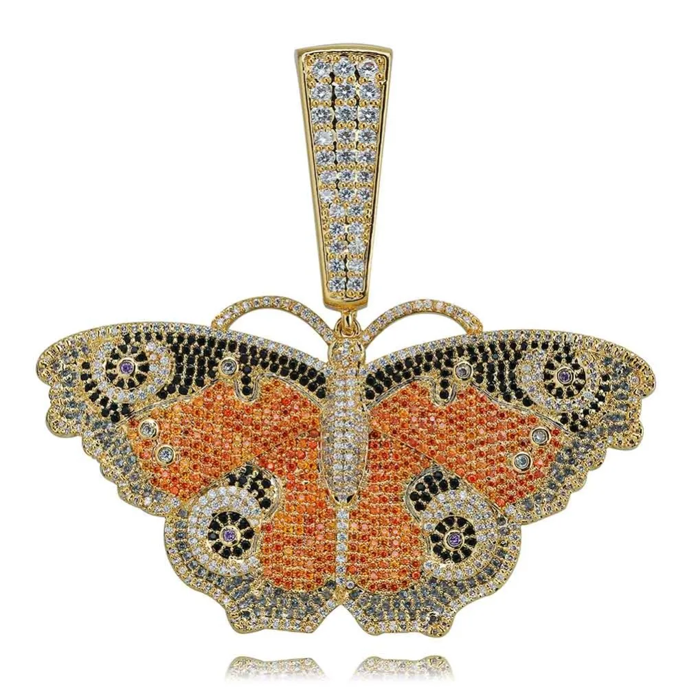 

New Custom Full Iced Out Butterfly Wings Pendant Necklace With 12mm Cuban Chain Gold Silver Color Hip Hop Charm Chain Jewelry