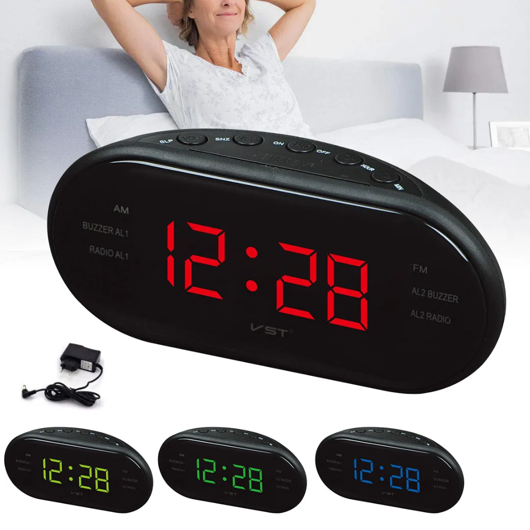 

2019 Newest Digital LED Display Alarm Clock 24 Hours Snooze Desktop Desk Timer FM/AM Radio 4 Color