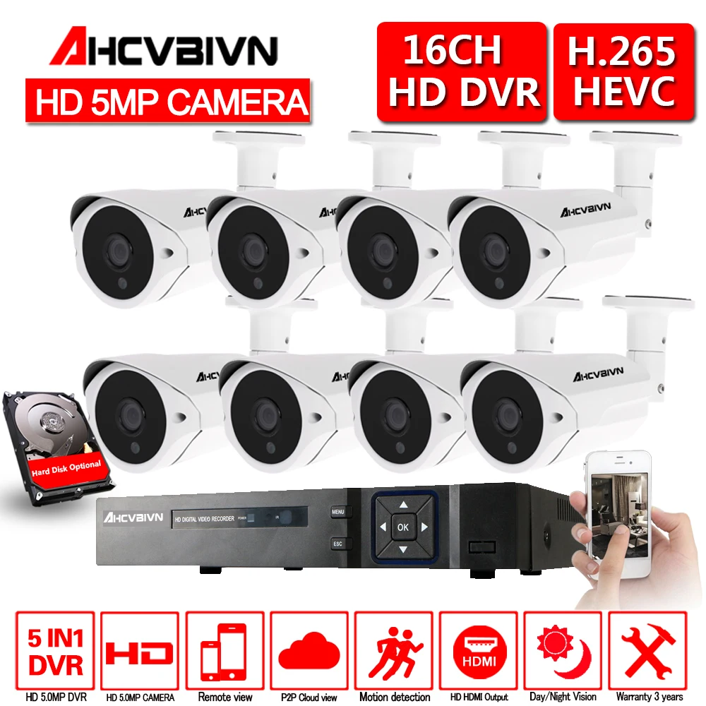

16CH 5MP 5-in-1 Digital Video Recorder +8*5.0MP AHD IR CCTV In/Outdoor Camera +8*60ft Cable Support for CCTV Security System Kit