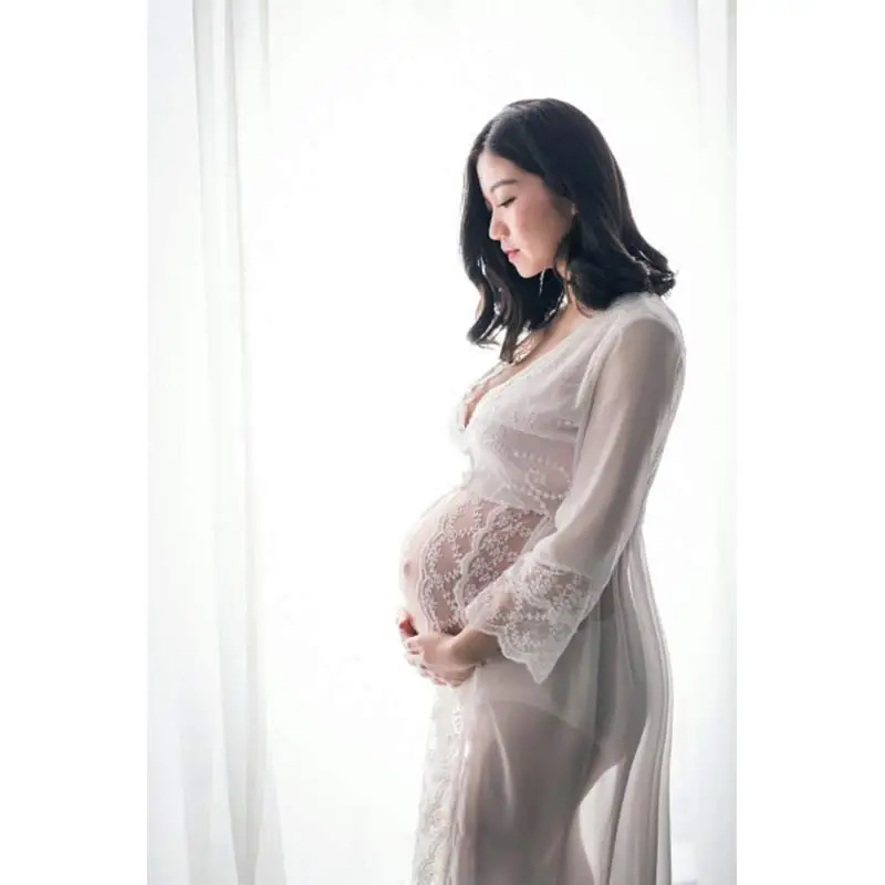

Maternity Photography Props Summer Transparant Lace White Long Maternity Wear lace Dress Pregnant Dress For Photography Fancy