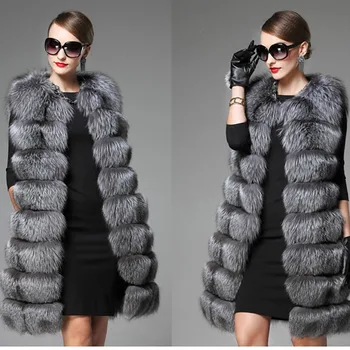 

2017 Fashion Long Women Faux Fur Vest Jacket High Quality Luxury Silver Fox Overcoat Thick Warm Abrigos de Piel Para Mujer E65