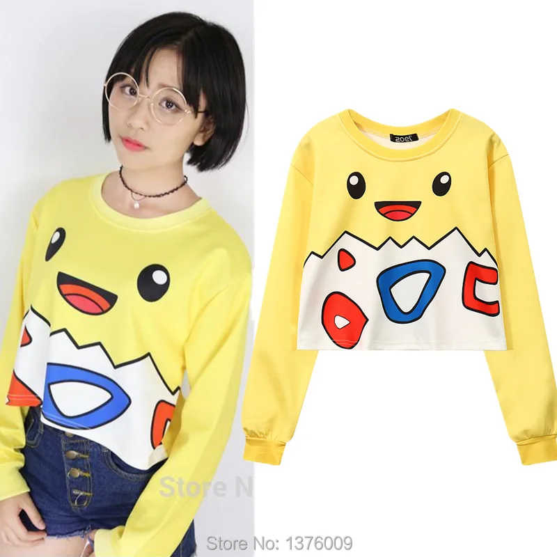  Cropped Togepi Hoodie Crop Sweatshirt Women Harajuku Cartoon Pikachu Hoodies Girl Lady Sexy Kawaii 