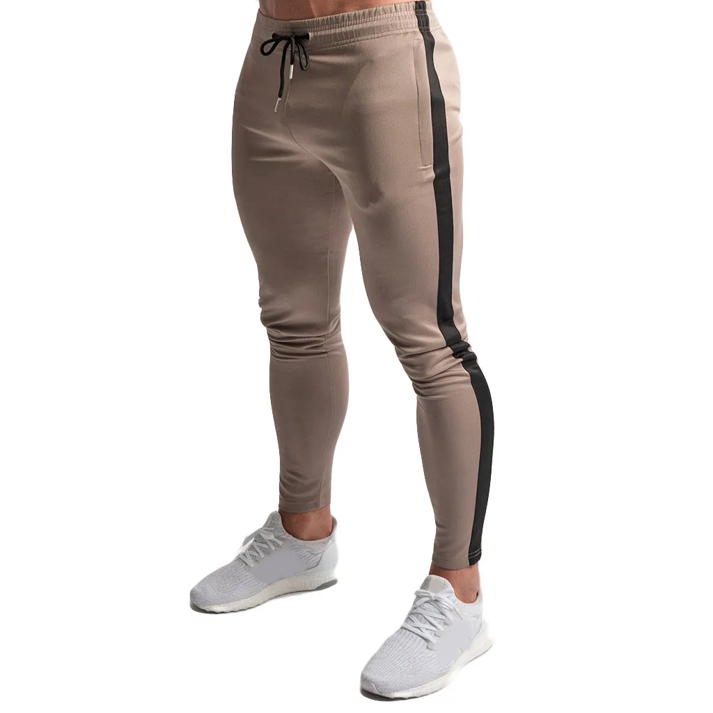 Мужские спортивные брюки в полоску, обтягивающие спортивные штаны, штаны для бега, брюки простого размера плюс, спортивный костюм для фитнеса, мужская спортивная одежда для тренировок - Цвет: Хаки