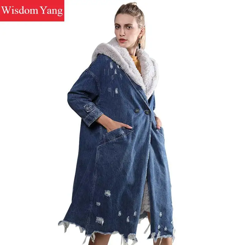 

Winter Warm Jeans Parka Jacket Coats Womens Denim Real Fur Hooded Rabbit Wool Liner Oversize Long Parka Jackets Coat Plus Size
