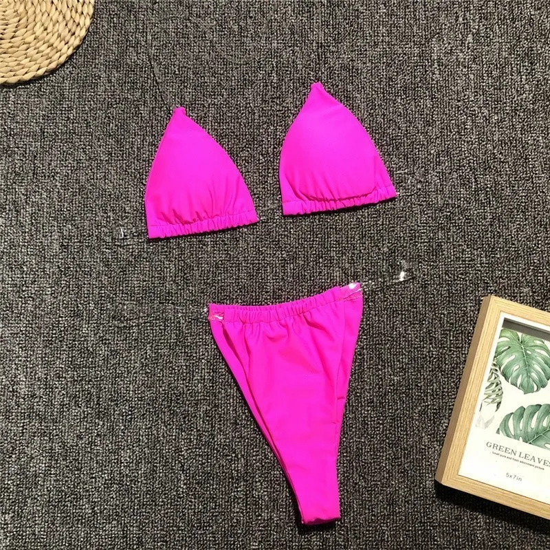 Женский треугольный комплект бикини, сексуальный микро бикини, женский летний купальный костюм с высокой посадкой, бразильский купальник, женский купальник - Цвет: 08152 rose