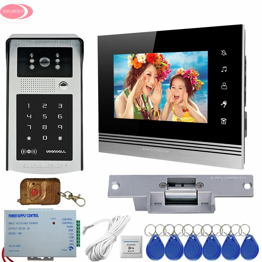 7'' Doorphone Video Intercom Touch key +Outdoor IR RFID Code Keypad Camera Remote Control Unlock video intercom + Electric Lock