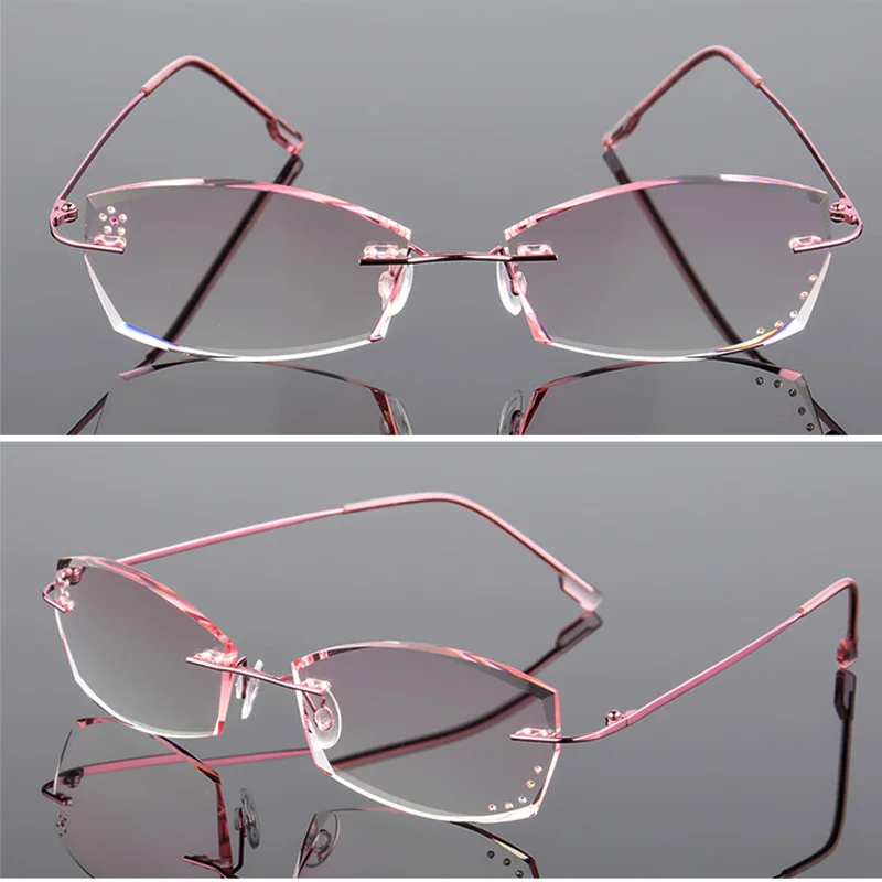 Розовые прозрачные антибликовые стразы, очки для чтения, женские титановые очки, алмазная резка, без оправы, очки для дальнозоркости