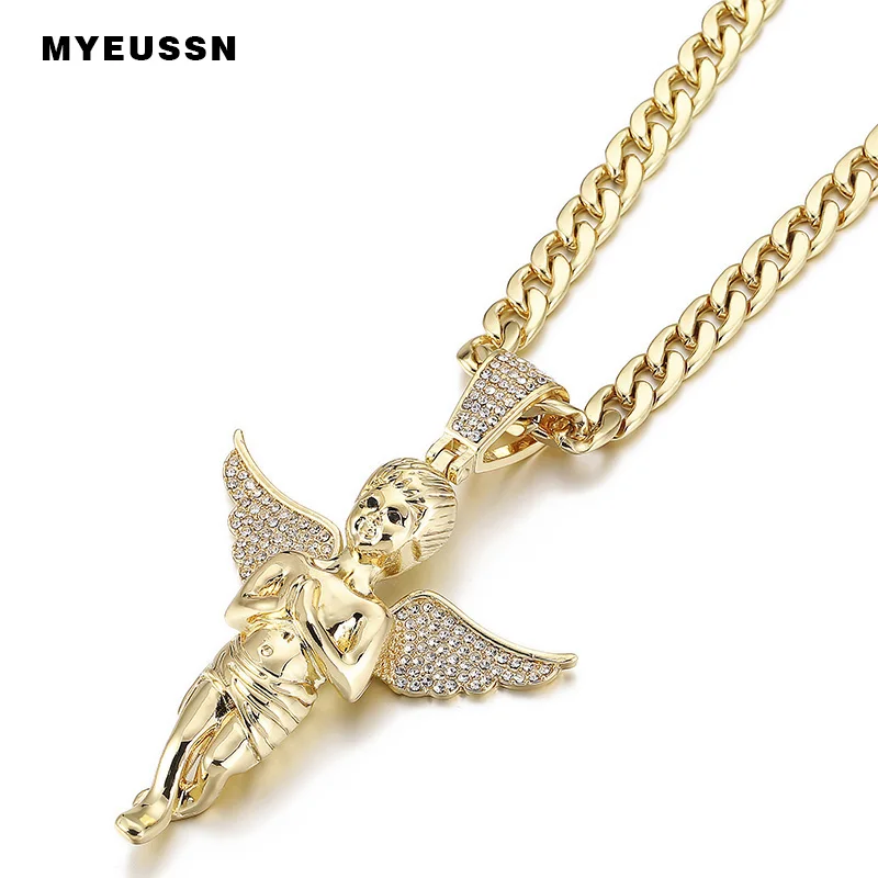 

Praying Wings Angel Necklace&Pendant Iced Out Crystal Charm Gold/Silver Chain Necklace For Men Fashion Hip Hop Jewelry Gift