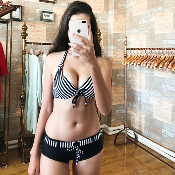 

striped bikini shorts set plus size swimsuits high neck g string underwire bikini women bathing suit bikinis 2019 mujer push up