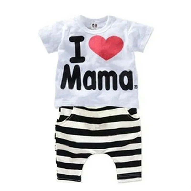 

Baby Boys Girls Clothing Set Cotton Suit I Love Papa & Mama Letters Short-sleeved T-shirt Striped PP pants