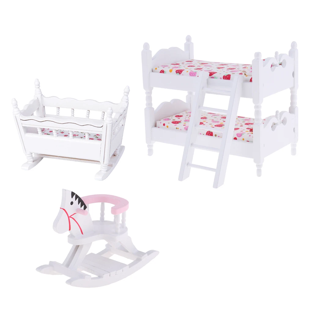 White 1/12 Scale Dollhouse Furniture Children Nursery Bedroom Bunk Bed Cradle Rocking Horse Set White 1/12 Scale Dollhouse Furniture Children Nursery Bedroom Bunk Bed Cradle Rocking Horse Set