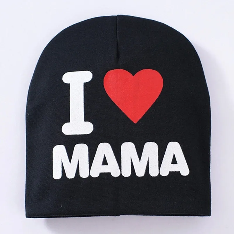 Весенне-Осенняя детская вязаная теплая хлопковая шапочка для малышей, детские шапки с принтом «I LOVE PAPA MAMA» для мальчиков и девочек - Цвет: Black MAMA
