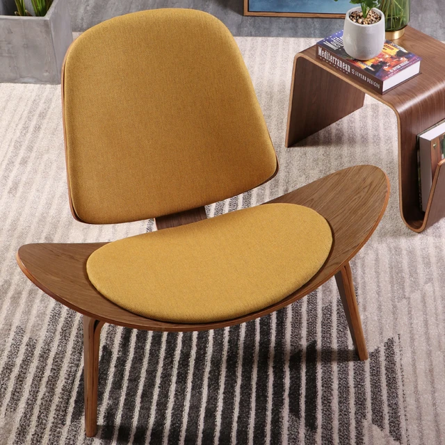 Hans Wegner Style Three Legged Shell Chair Plywood Linen Fabric Seat