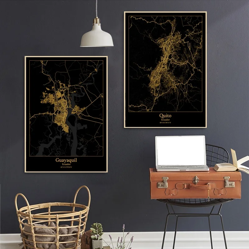 

Guayaquil Quito Ecuador City Map Black and Gold Map Canvas Art Print Wall Pictures for Living Room No Frame