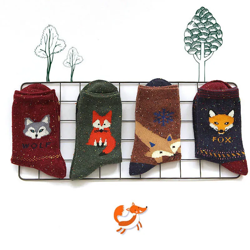 2018 New Korean Kawaii Animal Wool Socks Winter Autumn Women Owl Cat Deer Fox Wolf Cartoon Patterned Sock Cute Thermal Socks