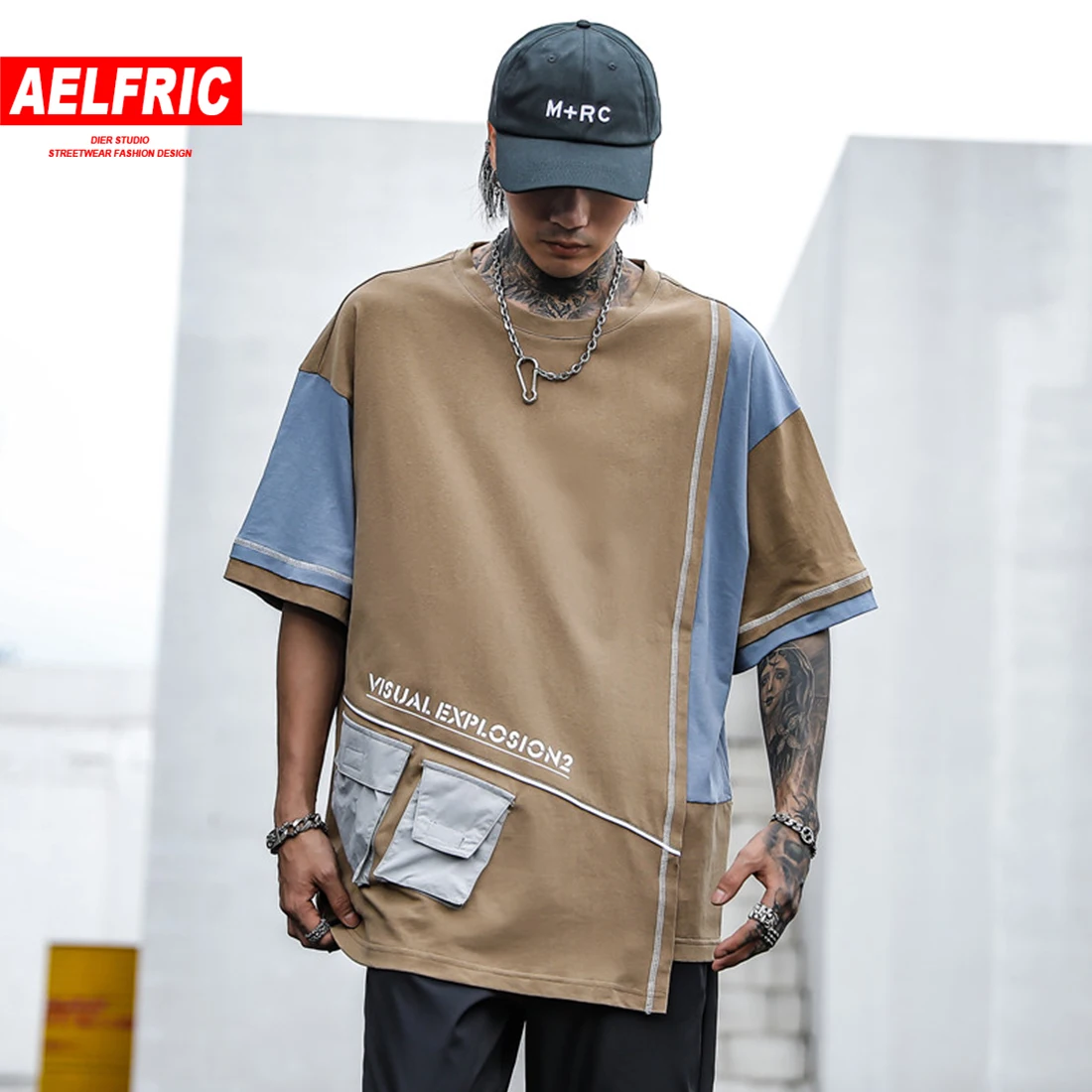

AELFRIC Irregular Patchwork Letter Printed Summer Harajuku Streetwear Multi Pockets Casual Short Sleeve Male Hip Hop Cotton Tops