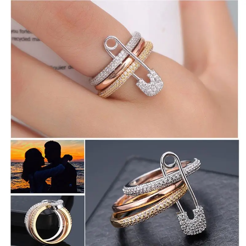 Безопасная булавка, дизайнерское кольцо, кольцо с кубическим цирконием, модное женское ювелирное изделие