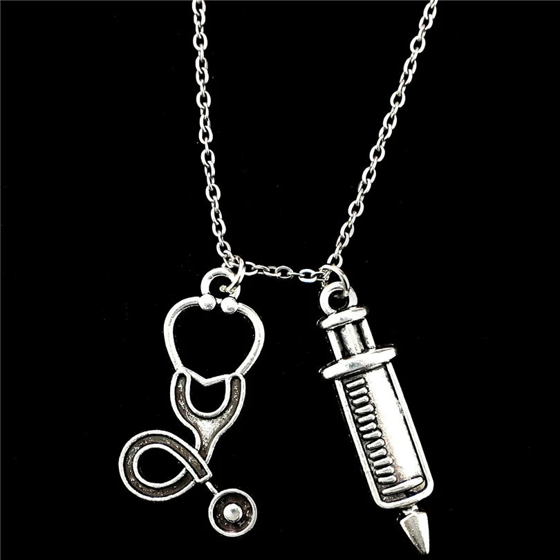 

Vintage Medical Stethoscope Syringe Necklace Link Chain Needle Metal Pendant Necklaces For Women Nurses Fashion Jewelry