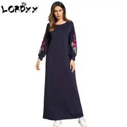 LORDXX вышивка Макси платье Рамадан Ближнем Востоке Исламская Костюмы Свободные О-образным вырезом мусульманских Абаи кимоно Волан длинный