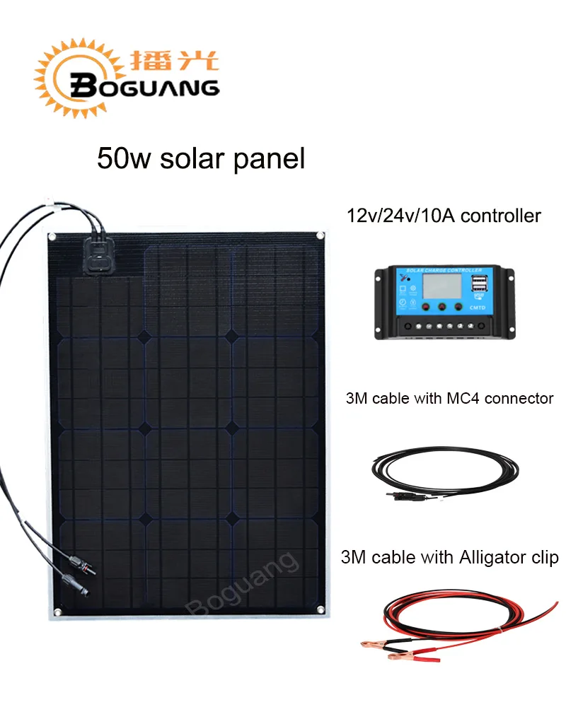 

Boguang 50w solar panel ETFE Monocrystalline cell PCB module MC4 connector 10A controller for 12v battery RV yacht power charger