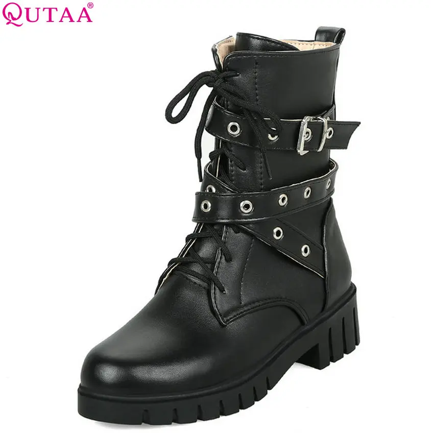 

QUTAA 2019 Women Boots Women Shoes Pu Leather Square Heel Round Toe Elegant Winter Boots Women Motorcycle Boots Big Size 34-43