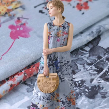 

Red plum digital inkjet silk linen fabric dress cheongsam chinese silk fabric natural linen fabric wholesale linen cloth 140cm