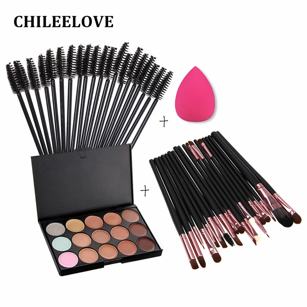 CHILEELOVE 15 Color Concealer + 20 Pcs Eye Makeup Brushes Kit + 50 Pcs